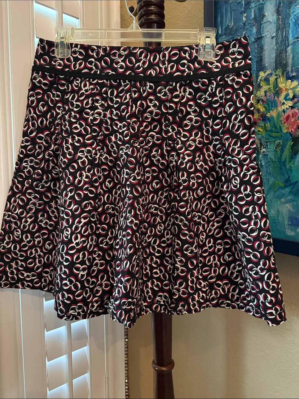 LOFT Black Circle-Print Skater Skirt with Red & White Motif